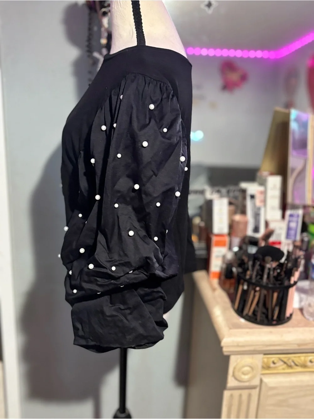 NWOT Zara Black Puff Sleeve Pearl-Studded Top